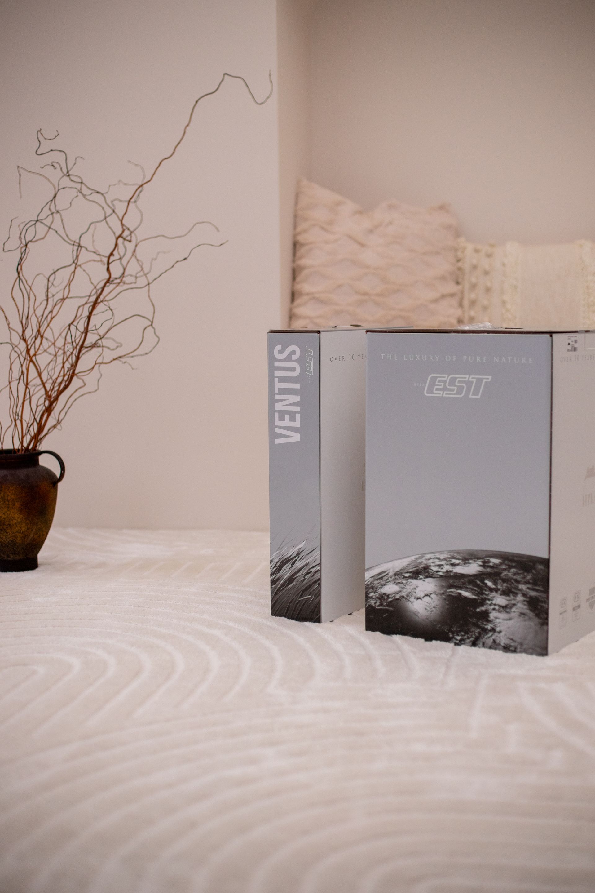 Two boxes are sitting on a bed next to a vase.