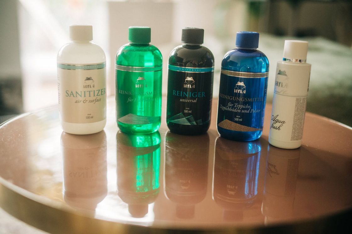 A group of bottles sitting on top of a table.
