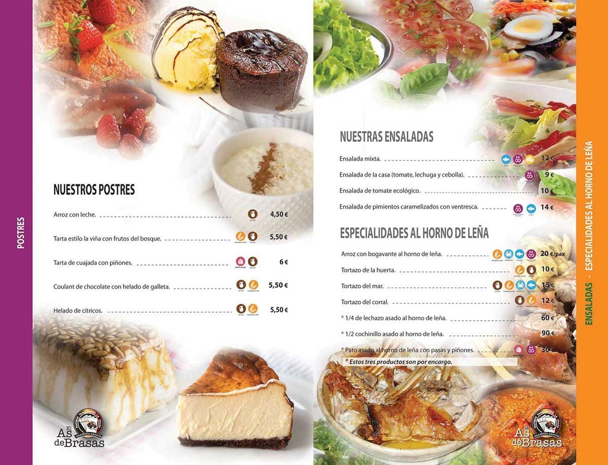 Menú del restaurante con fotos de la comida: postres y platos principales, sobre fondo morado y blanco.