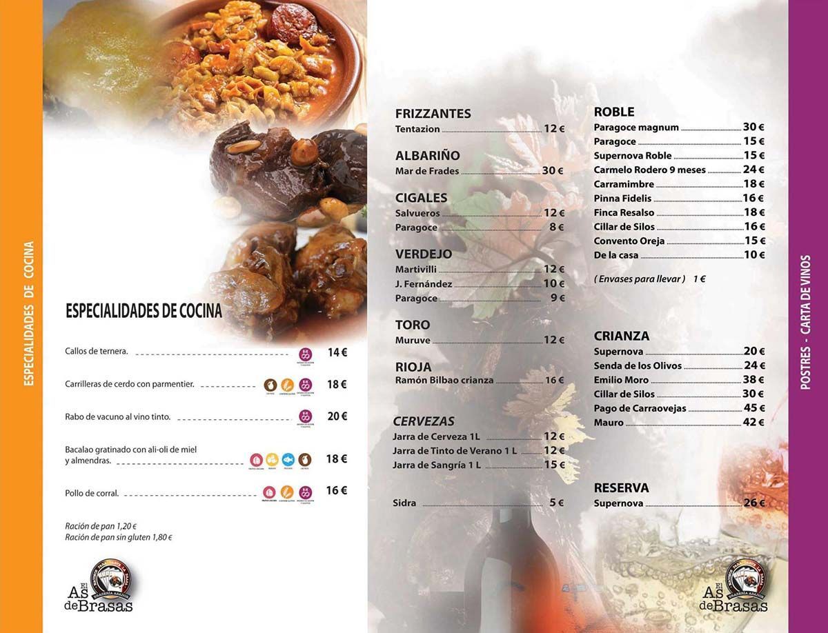 Carta de restaurante con imágenes de platos, que ofrece diversas tapas, guisos y otras opciones de cocina española. La paleta de colores es naranja y morado.