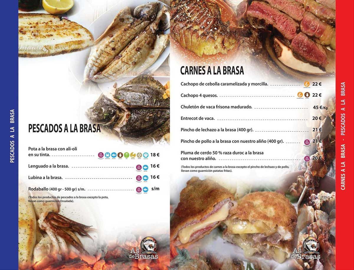 Menú con pescados y carnes a la parrilla, con texto en español y fotos de la comida. El fondo presenta una franja vertical azul y roja.
