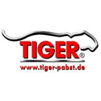 Tiger-Logo mit schwarz umrandeter Tiger-Silhouette, rotem „TIGER“-Schriftzug und Website tiger-pabst.de
