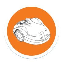 Weißes Rennwagen-Symbol in einem orangefarbenen Kreis auf weißem Hintergrund