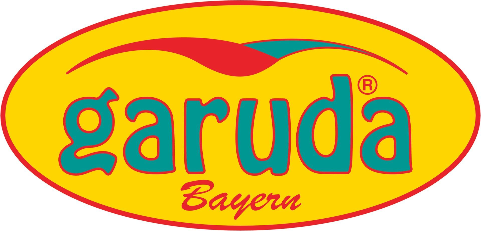 Das Garuda Bayen-Logo in Blau und Rot auf gelbem ovalem Hintergrund