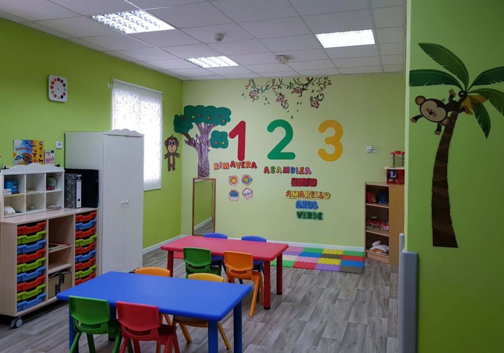 Aula de guardería, paredes verde lima con mesa y sillas coloridas. Palmeras y adornos de números.