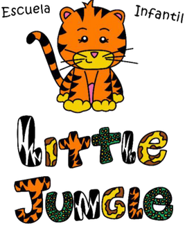 Mascota tigre de dibujos animados sobre el texto "Little Jungle". Las palabras "Escuela Infantil" aparecen en la parte superior.
