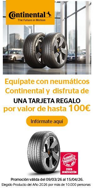 Anuncio promocional de neumáticos Continental que ofrece una tarjeta regalo de hasta 100€ con la compra, detallando niveles de recompensa por tamaño de llanta.