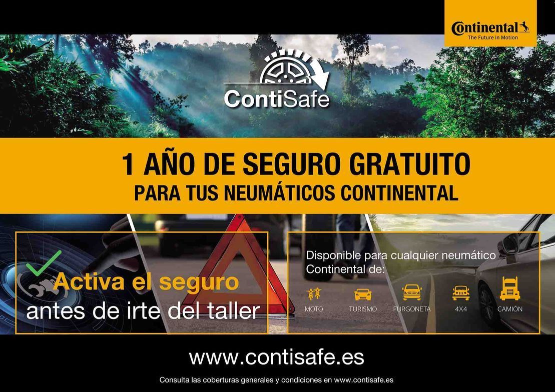 Anuncio de neumáticos Continental: un año de seguro gratis. Incluye una carretera, un triángulo e iconos de coche.