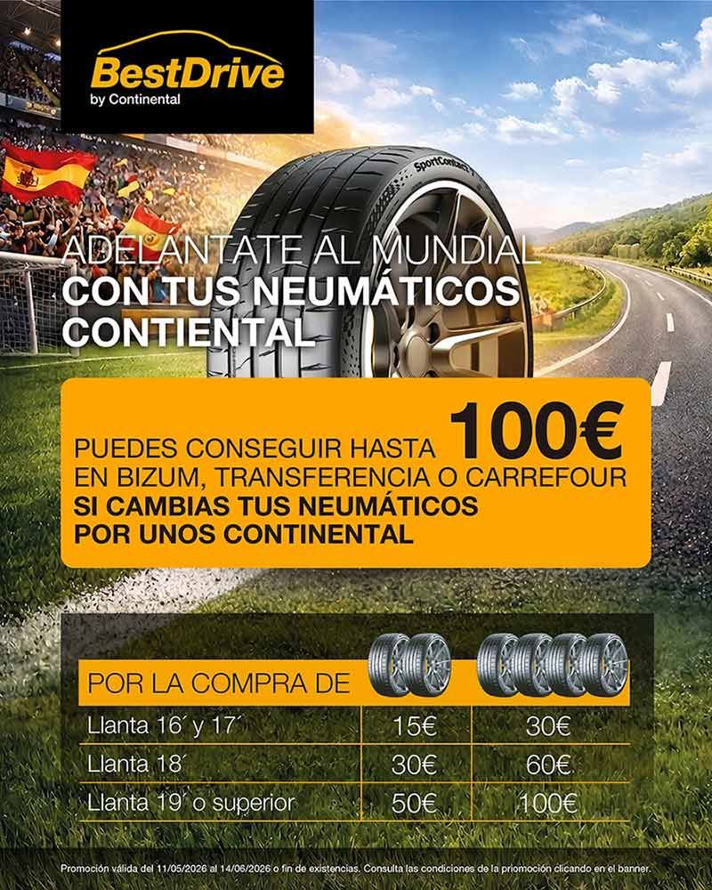 Anuncio promocional de neumáticos BestDrive Continental con información sobre carretera, montaña y un descuento de 100€ en español.