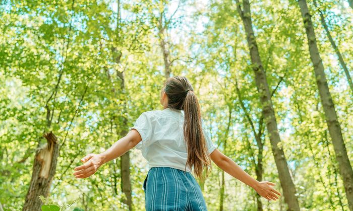 Une personne se tient debout dans une forêt ensoleillée, les bras tendus, face à de grands arbres verts.