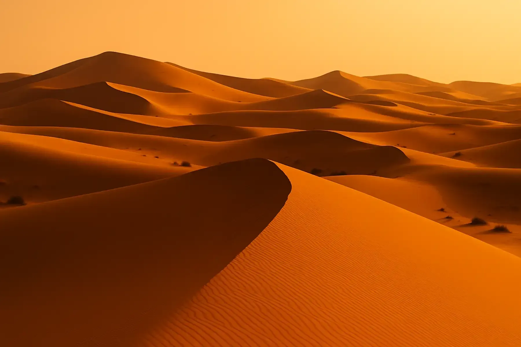 Dunas de arena al atardecer, proyectando sombras anaranjadas sobre el paisaje desértico.