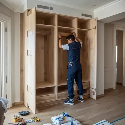 Worker installing a large wooden wardrobe in a bright room, with tools and packaging on the floor