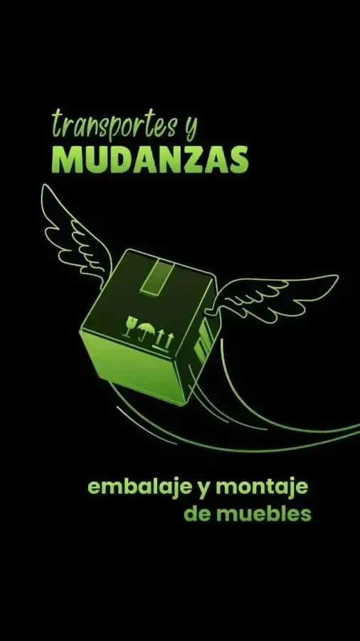 Logo negro y verde de transporte y mudanzas con caja alada; texto “embalaje y montaje de muebles”.