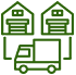 Icono verde de un camión entre dos almacenes, indicando envío o entrega.