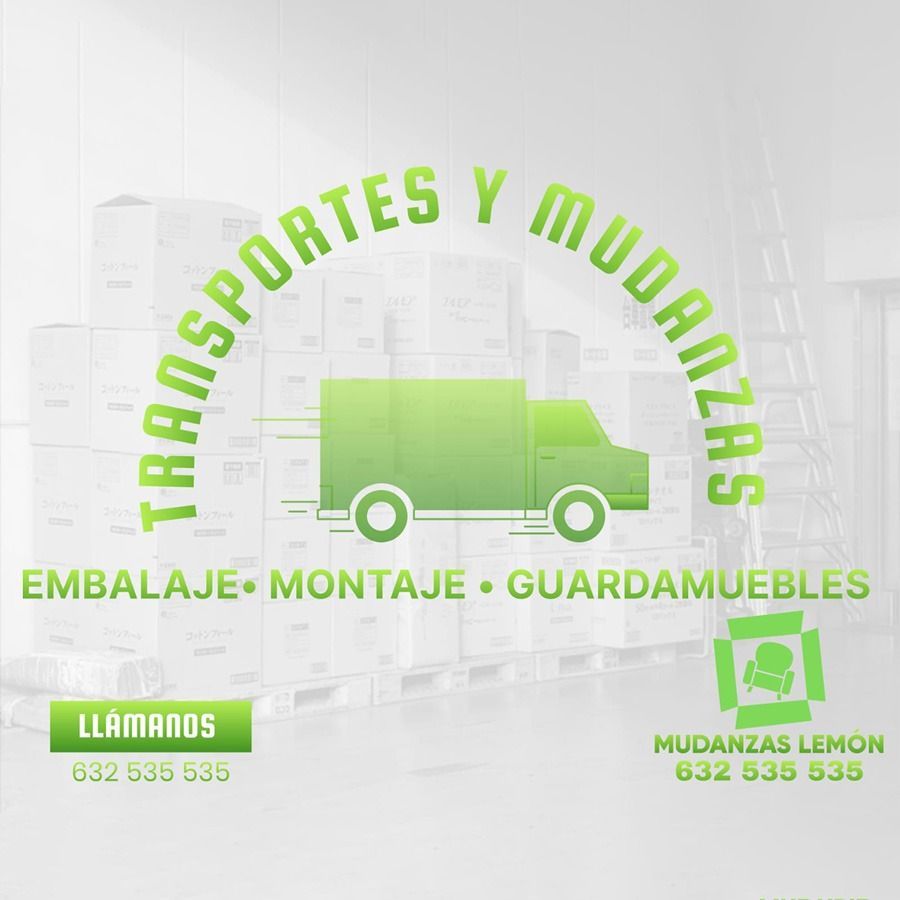 Logotipo verde para "Transportes y Mudanzas" con gráfico de camión e información de contacto.
