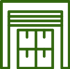 Icono cuadrado verde de una unidad de almacenamiento con una puerta enrollable y cuatro cajas apiladas.