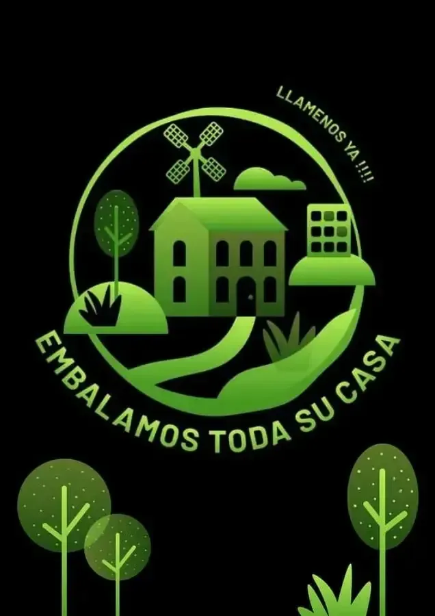 Logotipo ambiental verde con casas, árboles, molino de viento y el texto en español “Embalamos toda su casa”.