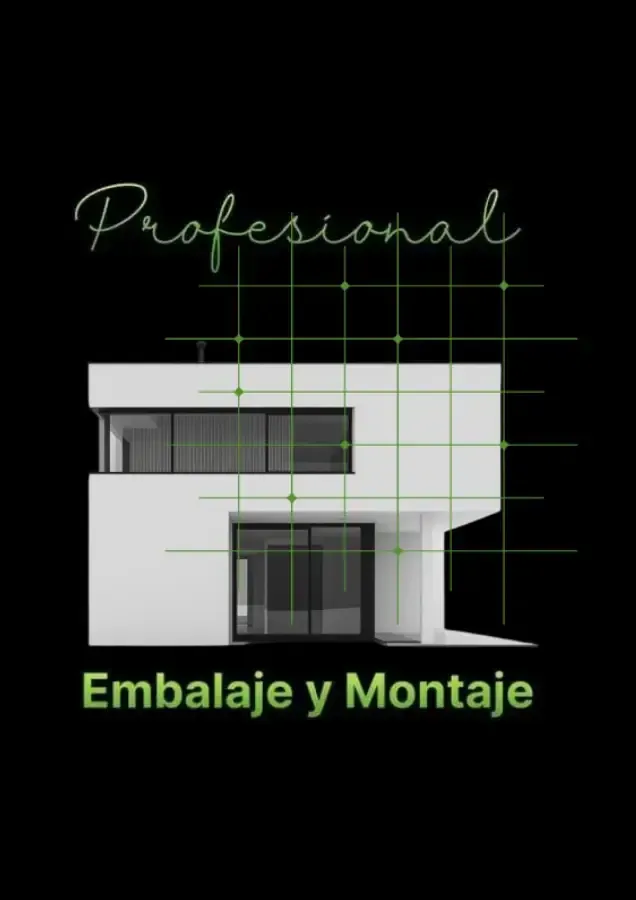 Fondo negro con un gráfico de una casa moderna y texto verde que dice “Professional Embalaje y Montaje”.