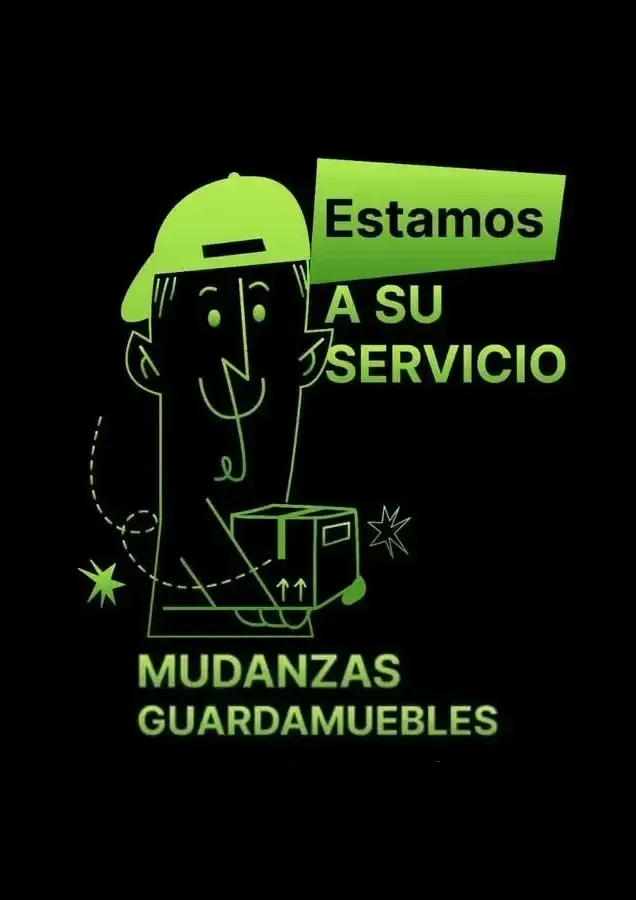 Logo verde de mudanzas con obrero, cajas y texto “Estamos a su servicio” y “Mudanzas Guardamuebles”