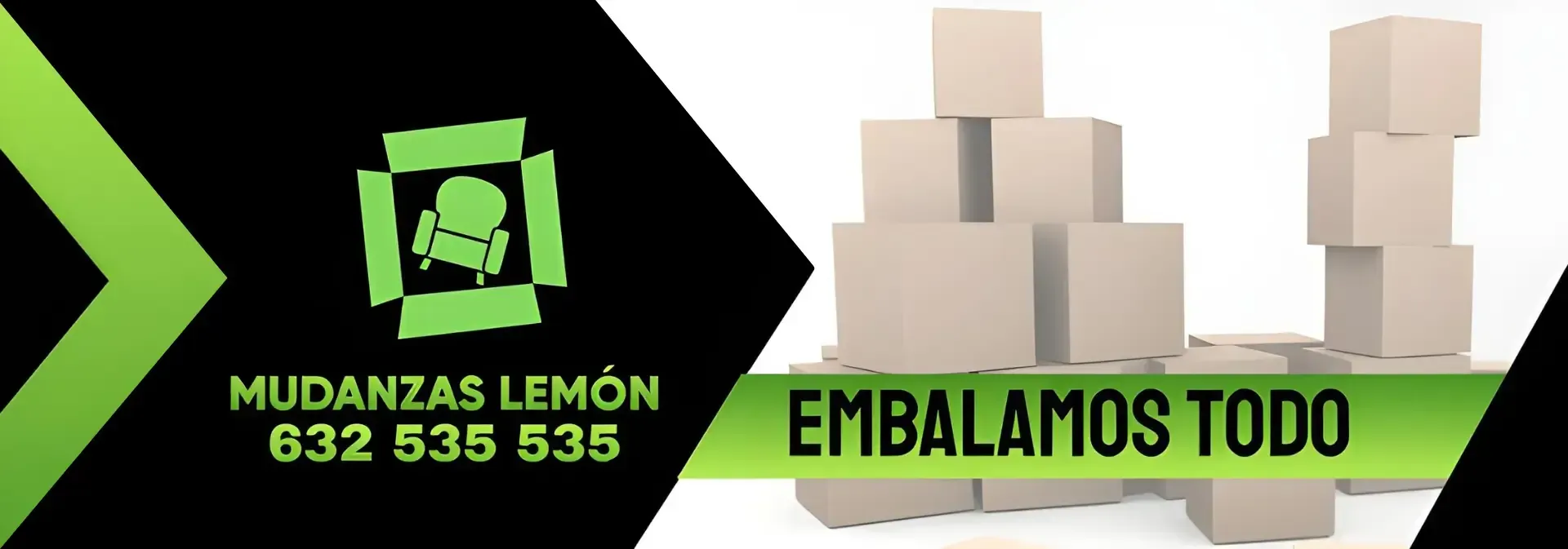 Logotipo de Mudanzas Lemon, servicio de mudanzas. Texto: Embalamos todo, mudanzas lemón tel: 632535535