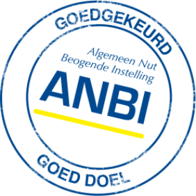 Een blauw en geel stempel met de tekst anbi goed doel