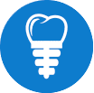 Gráfico de implante dental blanco dentro de un círculo azul.