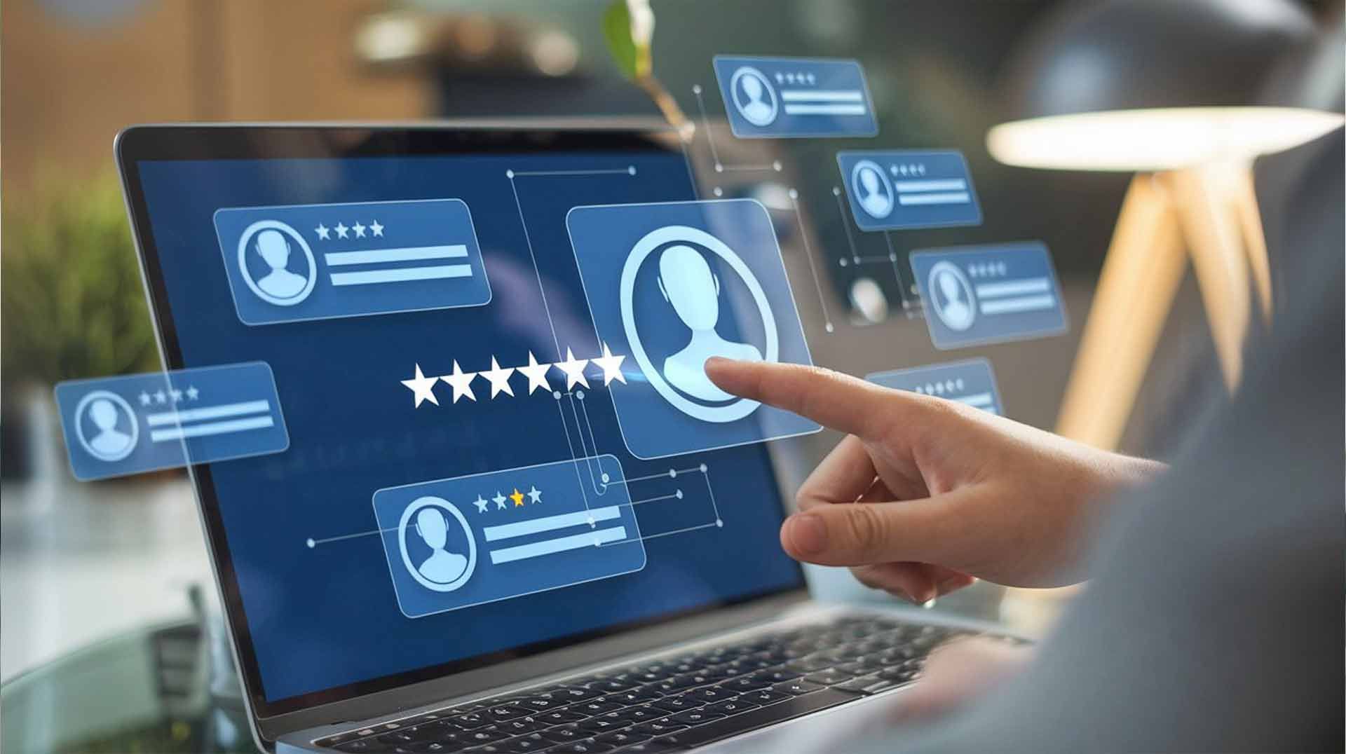 Person, die einen Laptop benutzt und Profilsymbole auswählt, wobei Sternebewertungen eingeblendet werden.