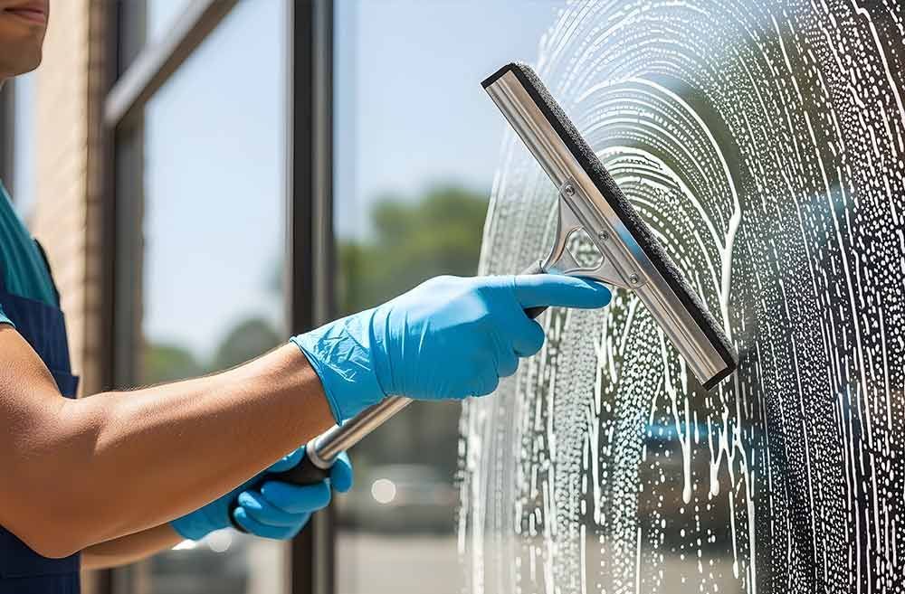 Eine Person mit blauen Handschuhen benutzt einen Abzieher, um ein seifiges Fenster zu reinigen.