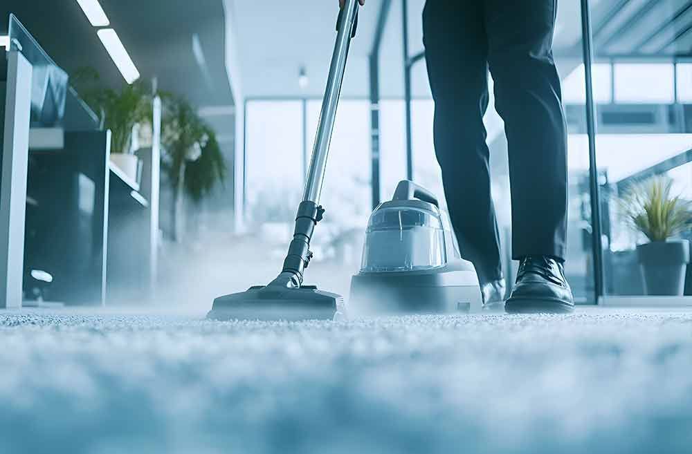 Eine Person saugt im Büro einen Teppich, Dampf steigt auf, graue und blaue Farbtöne.