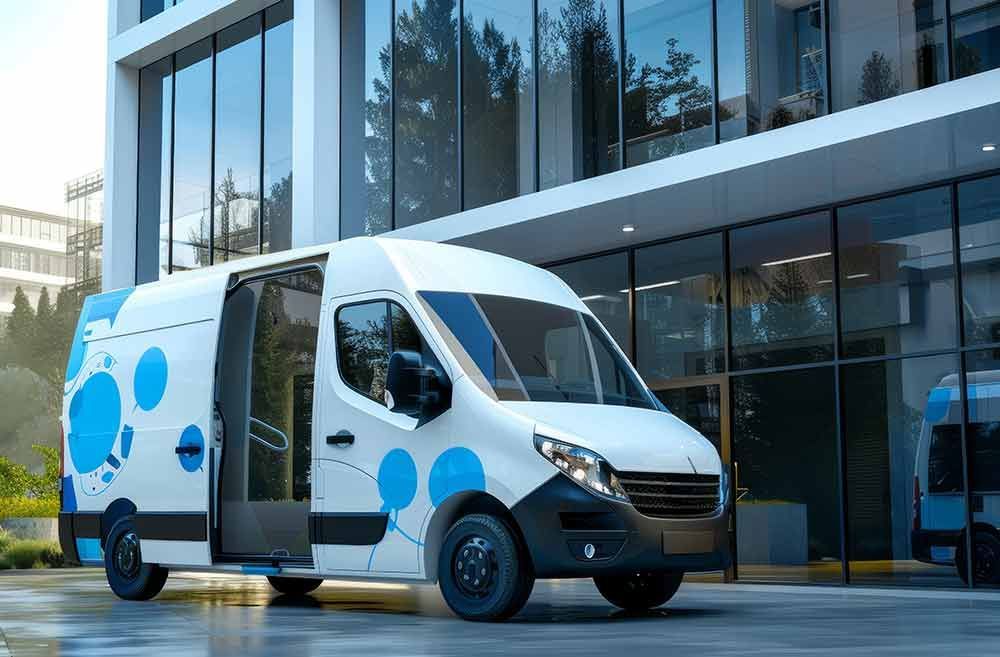 Ein weißer Lieferwagen mit blauen Kreisen parkt vor einem modernen Gebäude; die Tür ist geöffnet.