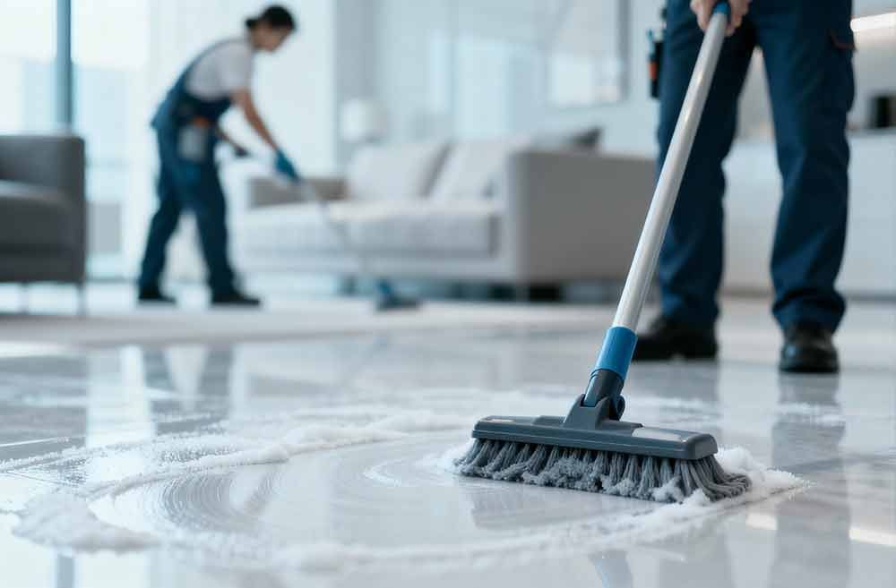 Reinigungskräfte wischen einen glänzenden Boden in einem modernen, hellen Raum.