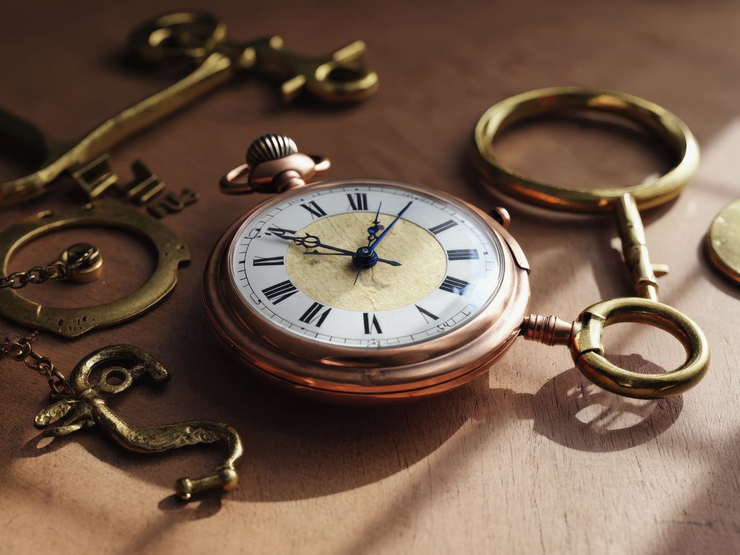 Montre de poche dorée et clés sur une surface en bois.