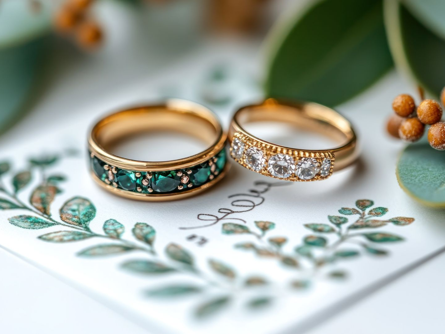 Deux alliances en or, une avec des pierres vertes, une avec des pierres claires, sur une carte avec un motif de feuille verte.