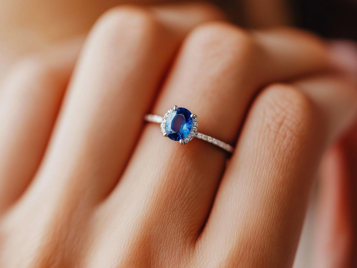 Main de femme portant une bague en argent avec une pierre précieuse bleue entourée de pierres blanches plus petites.