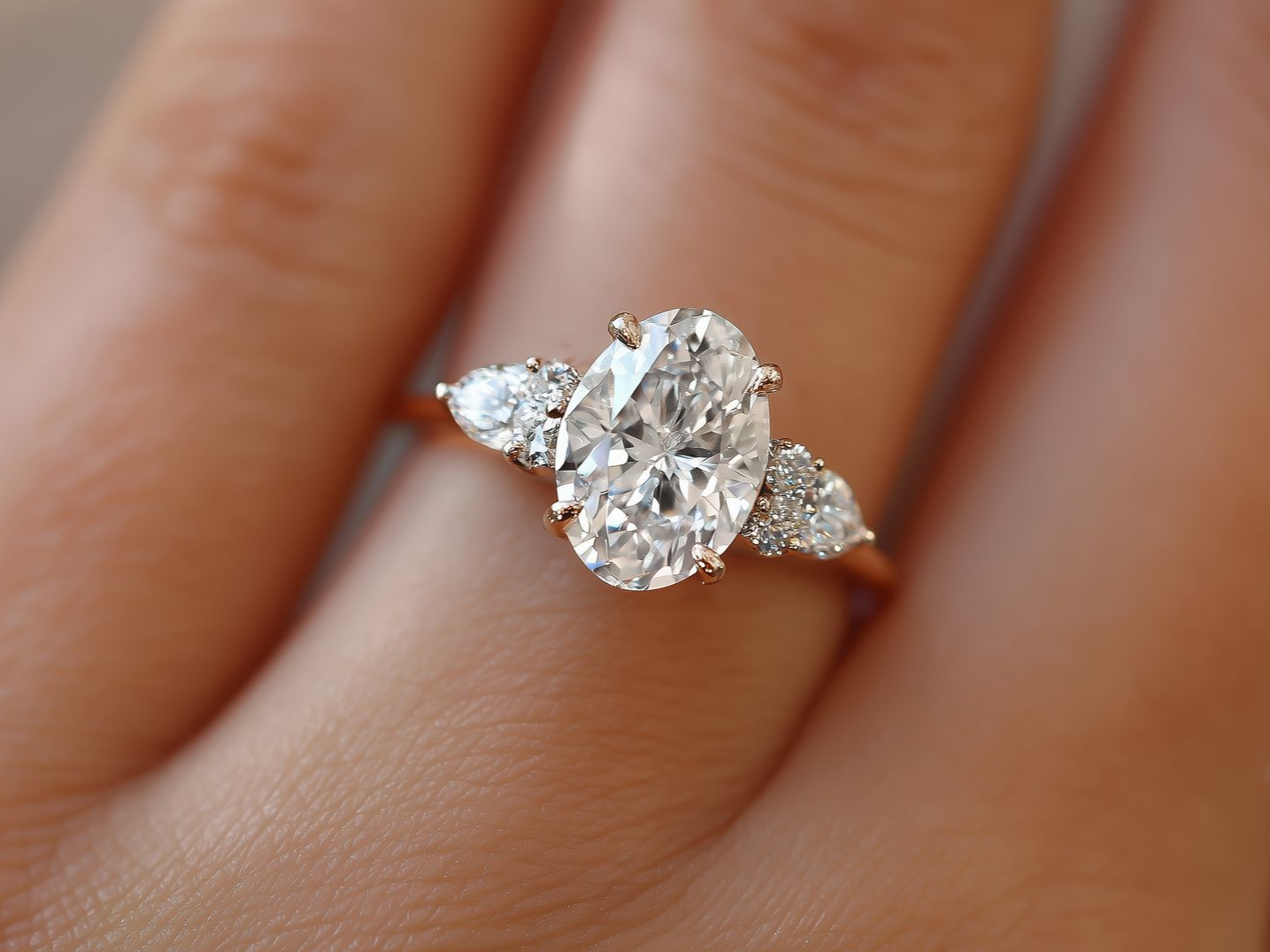 Bague de fiançailles en diamant avec pierre centrale ovale et deux pierres latérales en forme de poire sur un doigt.