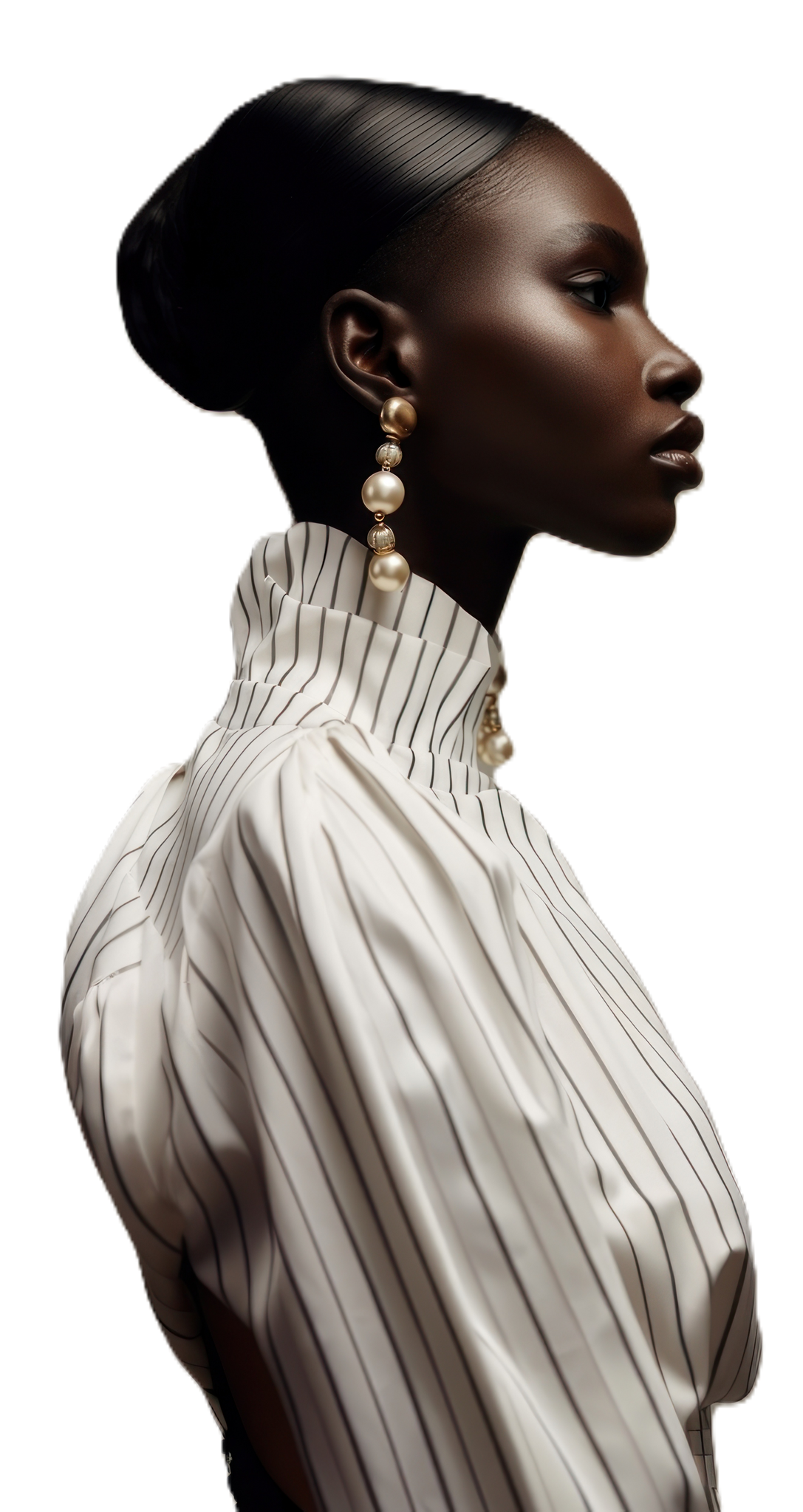 Femme portant une chemise blanche à rayures et des boucles d'oreilles en perles, les cheveux relevés.
