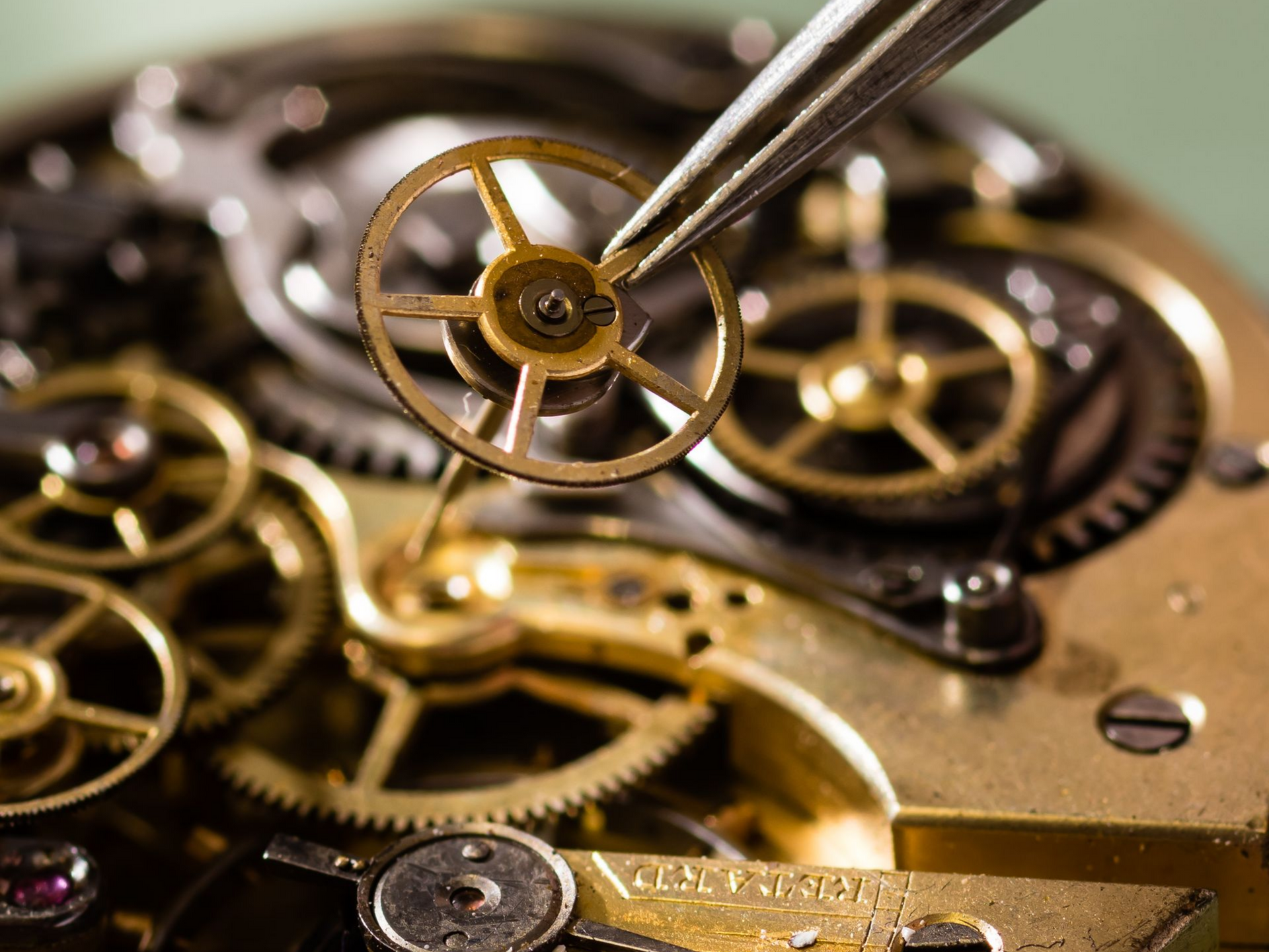 Main d'une personne travaillant sur un mécanisme d'horloge, maintenue dans un étau. Gros plan.