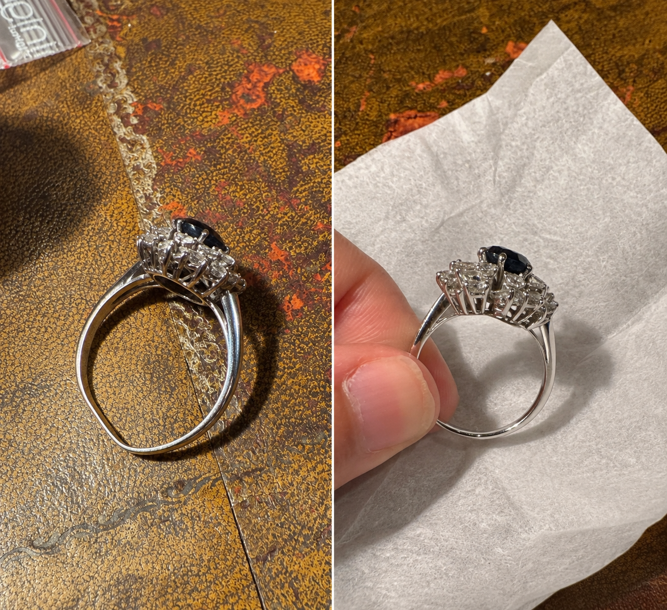 Bijoutier inspectant une bague en diamant avec une pince à épiler et une loupe.