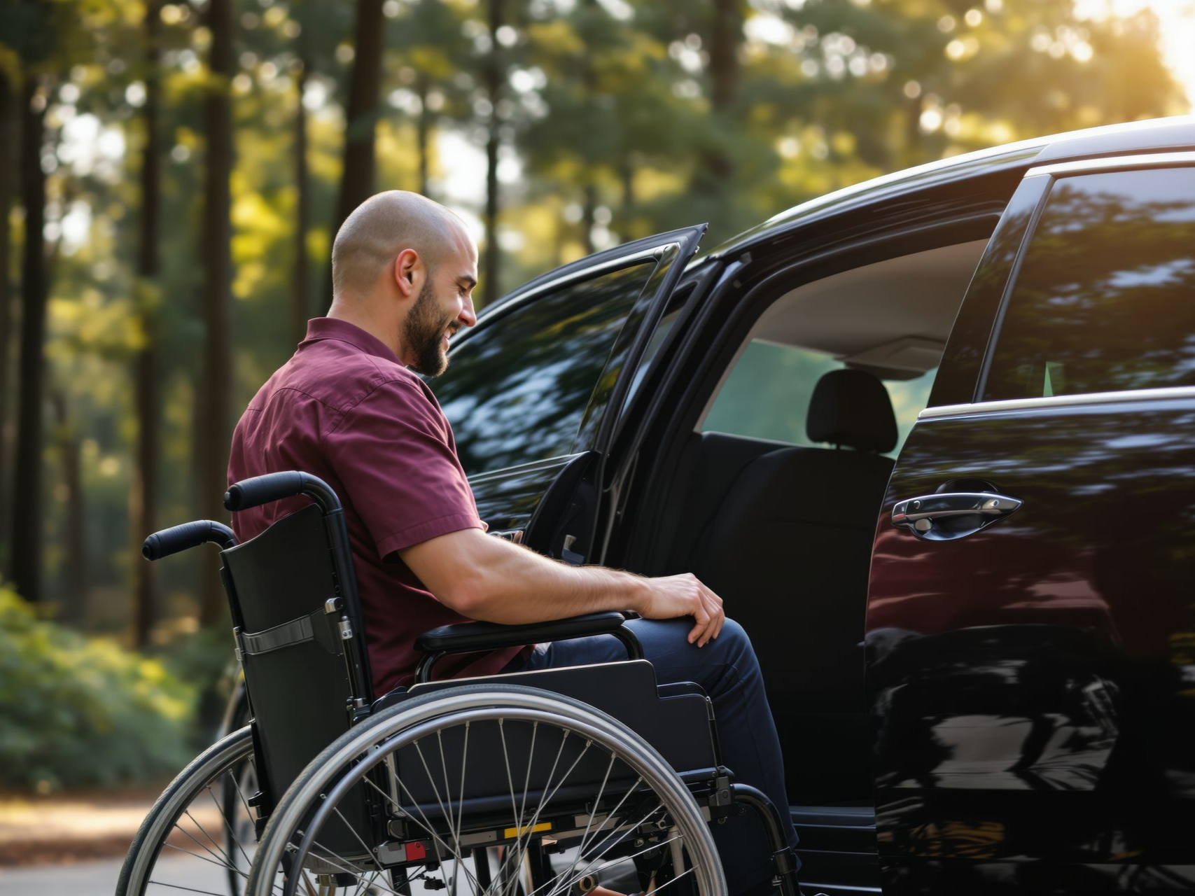 Un homme en fauteuil roulant devant une voiture noire dans une zone boisée, souriant.