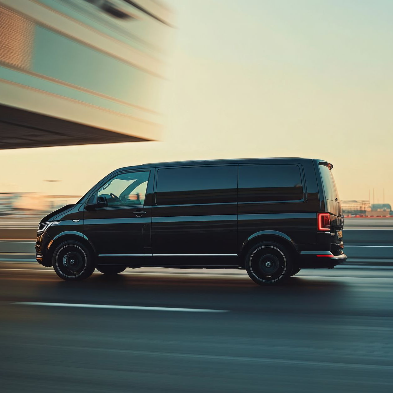 Un van noir roule sur une route, avec un train flou au-dessus, sur fond de ciel de coucher de soleil.