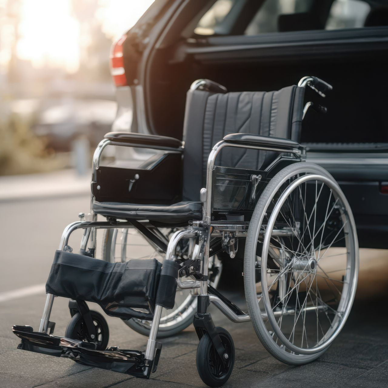 Fauteuil roulant stationné près du coffre ouvert d'une voiture.