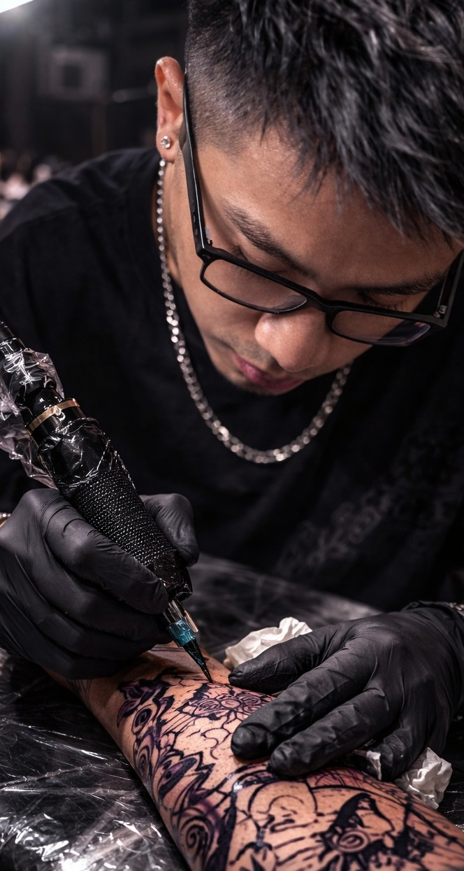 Agujas de tatuaje en embalaje estéril sobre una superficie gris, con un mango de máquina de tatuaje en el fondo.