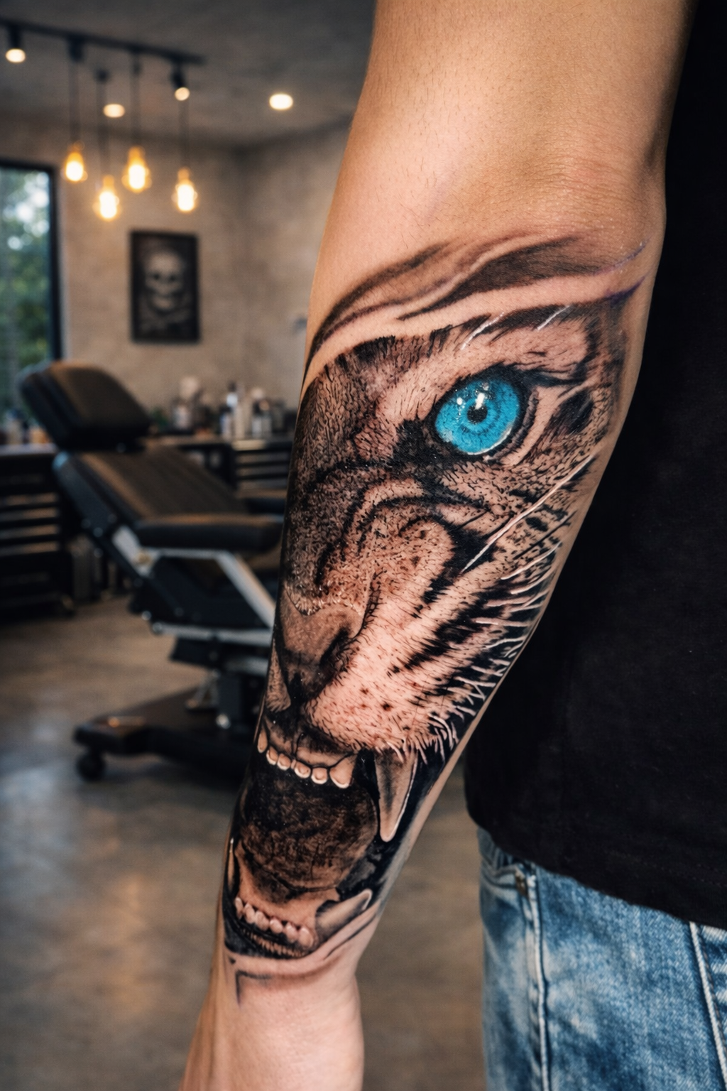 La mano enguantada de un artista del tatuaje sostiene una máquina de tatuar con varias herramientas y suministros en un carrito, lista para usar.