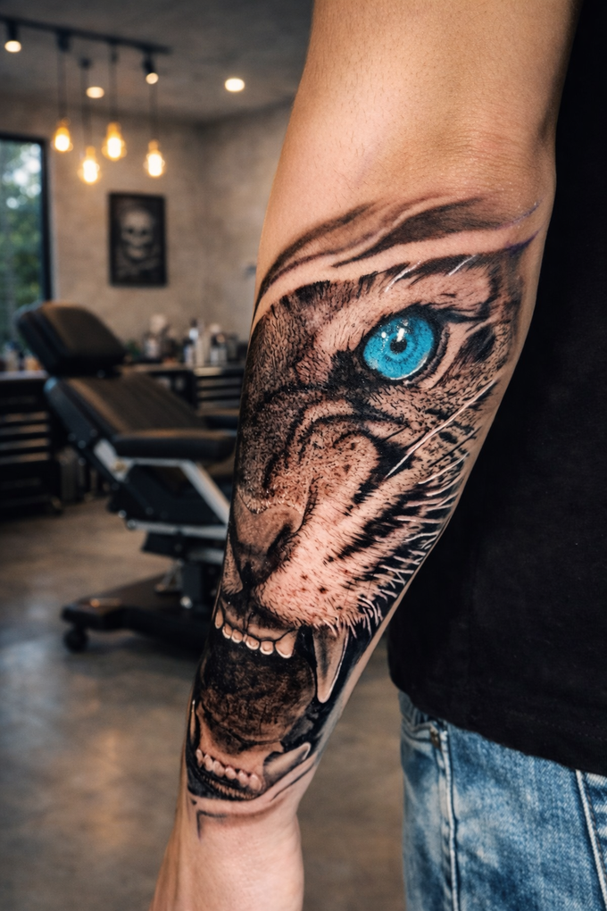 La mano enguantada de un artista del tatuaje sostiene una máquina de tatuar con varias herramientas y suministros en un carrito, lista para usar.