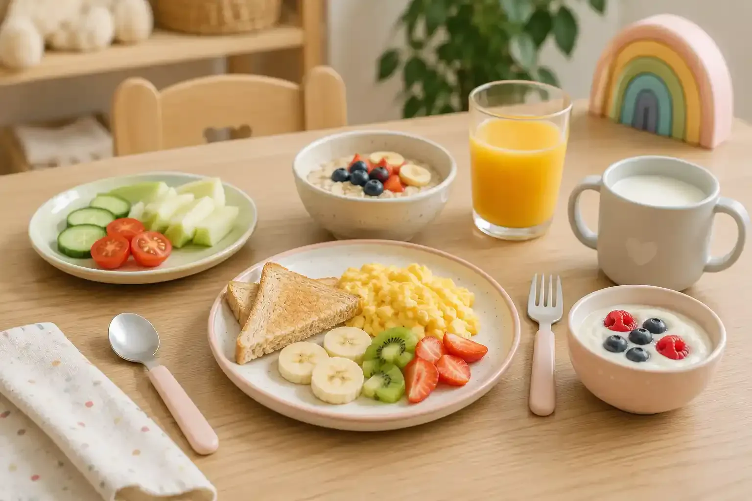 Mesa de desayuno con fruta, huevos, tostadas, zumo de naranja y café en una cocina luminosa.