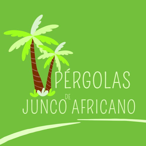 Logotipo verde con palmeras y el texto "P&eacute;rgolas de Junco Africano".