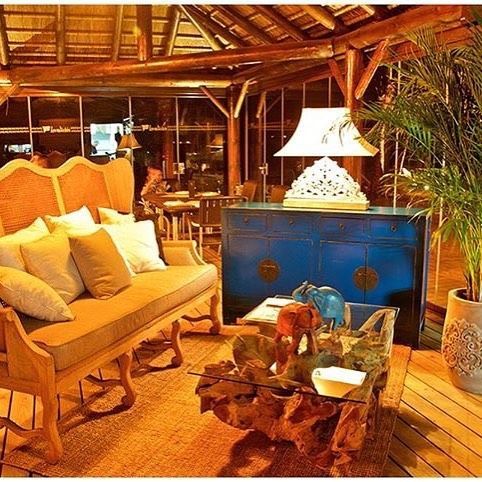 Zona de salón al aire libre con muebles de madera, mueble azul y plantas tropicales.