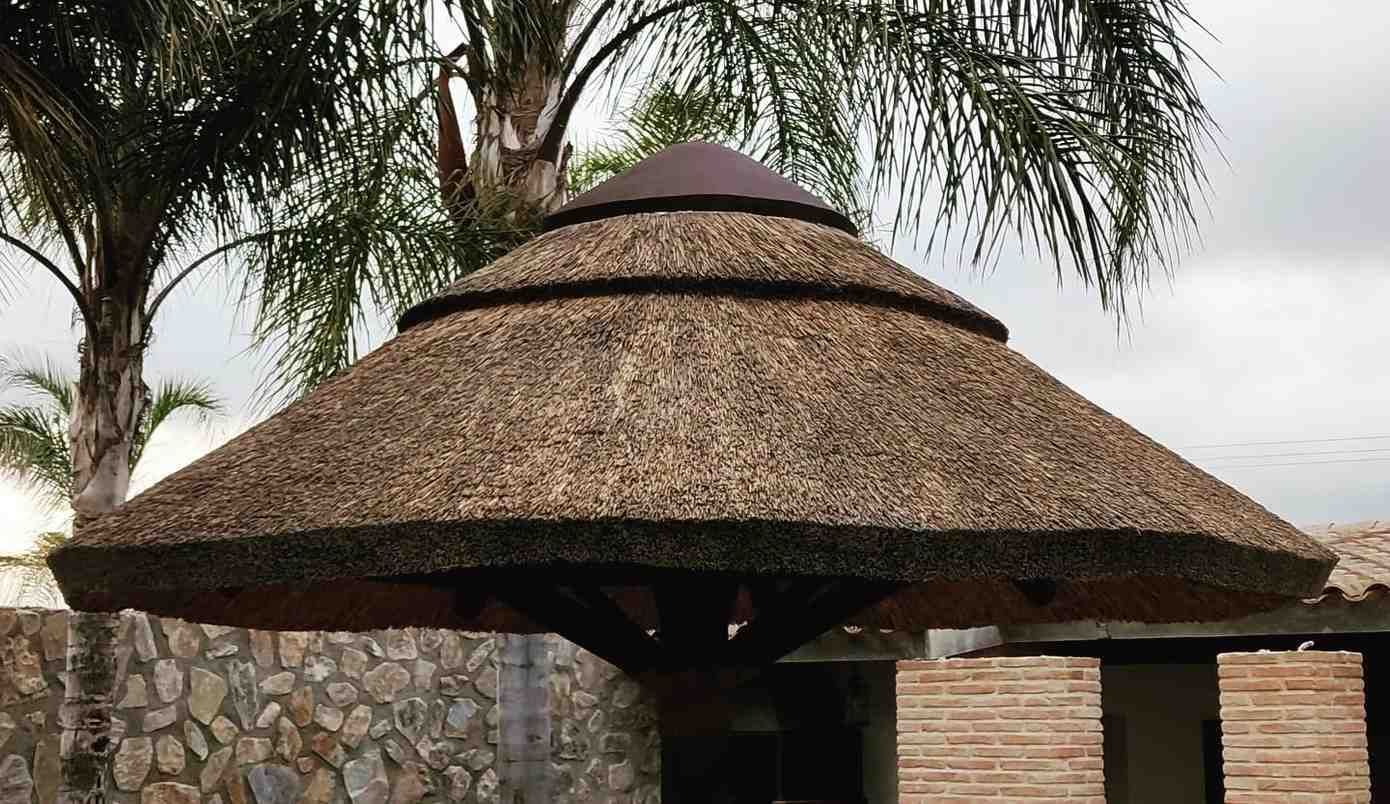 Estructura con techo de paja en un entorno de jardín, con palmeras y un muro de piedra al fondo.