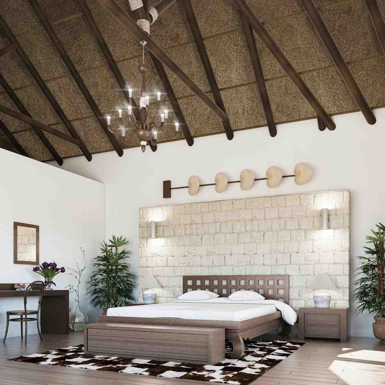 Dormitorio con techo alto de paja, pared con acento de piedra clara, marco de cama de madera, alfombra y plantas.