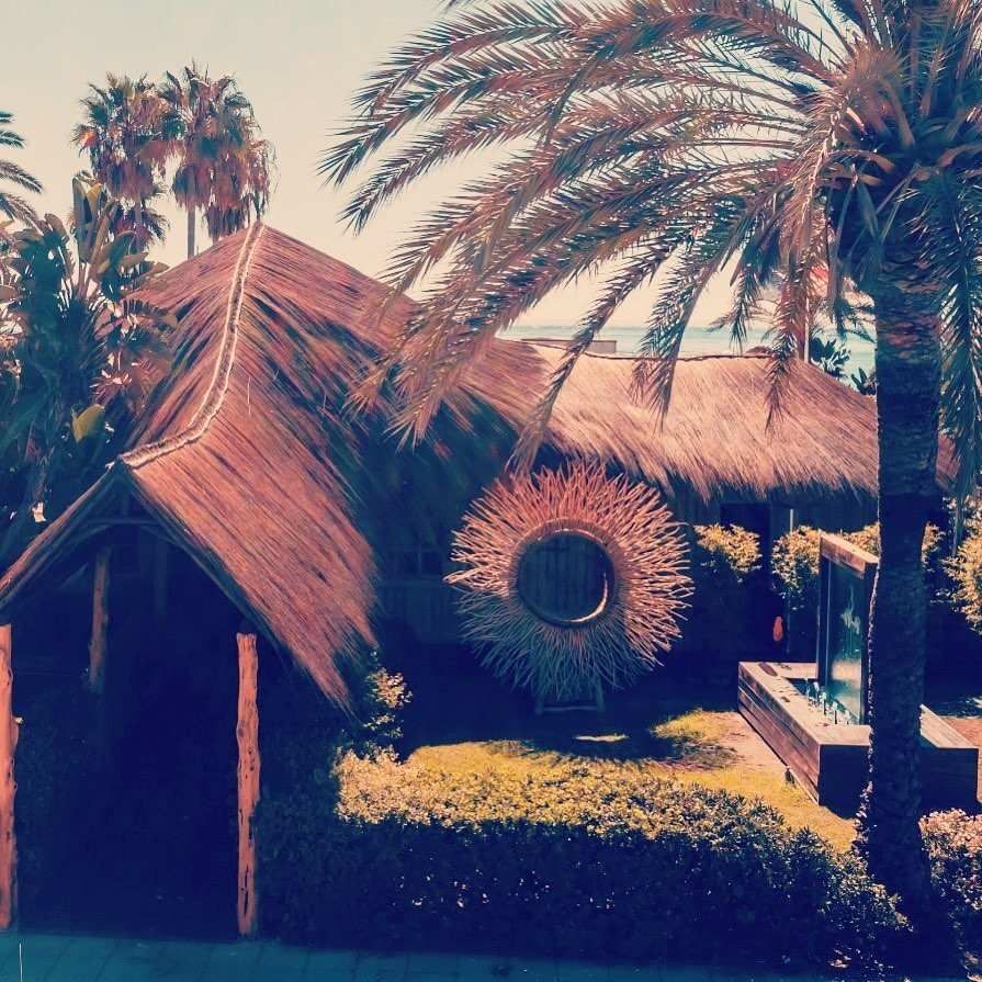 Edificio con techo de paja con arte circular de madera, palmeras y vegetación en un entorno soleado al aire libre.